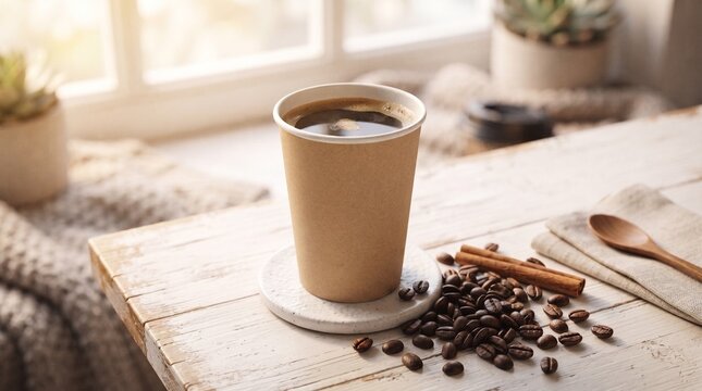 A brown paper cup filled with hot coffee sits on a white coaster atop a rustic wooden table.
