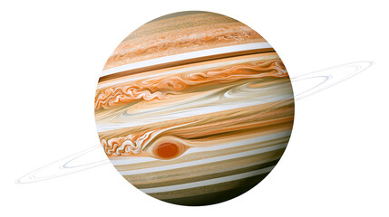 Swirling orange and white banded gas giant planet Jupiter with thin rings, isolated on transparent background © AnaMaria