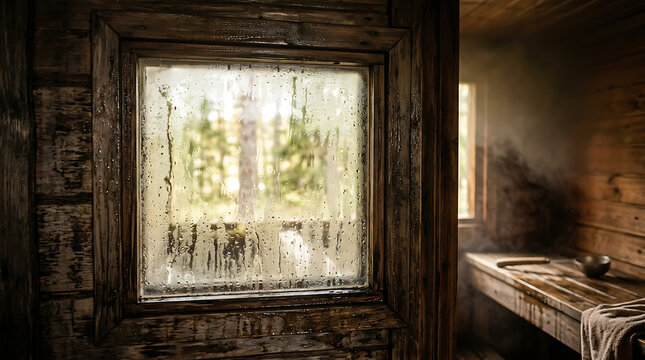 Rustic traditional wooden sauna interior with steam and fogged window overlooking misty forest landscape