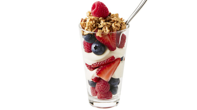 Layered yogurt parfait with fresh berries and granola, isolated on transparent background
