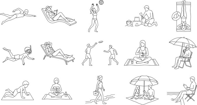 Beach and summer vacation line art icon set featuring people swimming sunbathing and relaxing
