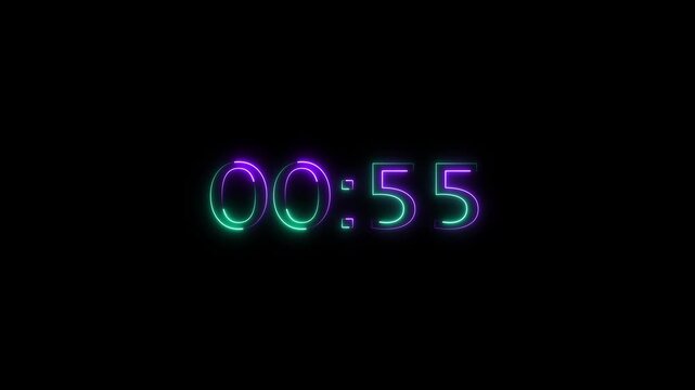 Glowing neon colorful 1 minute countdown animation from 60 seconds to 0 seconds. 1 minute countdown timer on a black background. 4k video