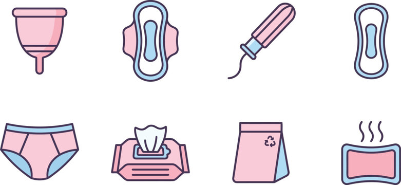 Feminine Hygiene Products Collection: Menstrual Cup, Sanitary Pads, Tampon, Period Underwear, Wet Wipes, and Heating Pad for Comprehensive Women's Health and Self-Care