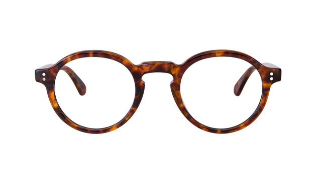 Round tortoiseshell eyeglasses with clear lenses, isolated on transparent background