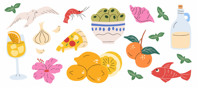 Dolce Vita Mediterranean Food and Summer Vacation Elements, Hand Drawn Italian Aesthetic Clip Art with Lemon, Pizza, Seafood, Cute Flat Vector Illustration for Menu, Pattern and Branding