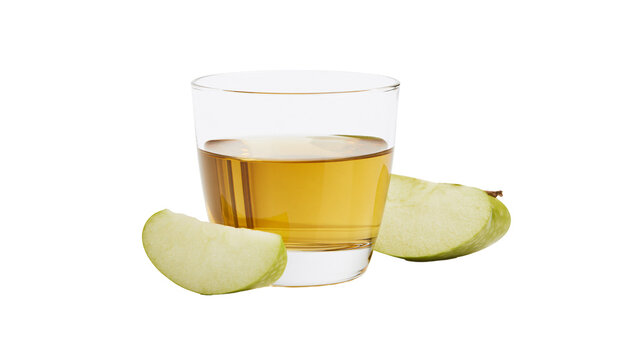 Clear glass filled with golden apple juice with two green apple slices, isolated on transparent background