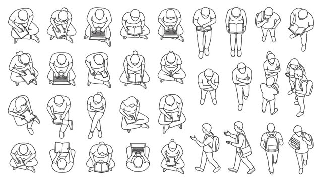 Architectural scale figures of people sitting and standing top view line art
