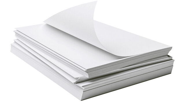 Stack of blank white paper sheets one sheet curled upwards, isolated on transparent background