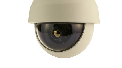 Cream-colored dome security camera with dark lens, isolated on transparent background © AnaMaria