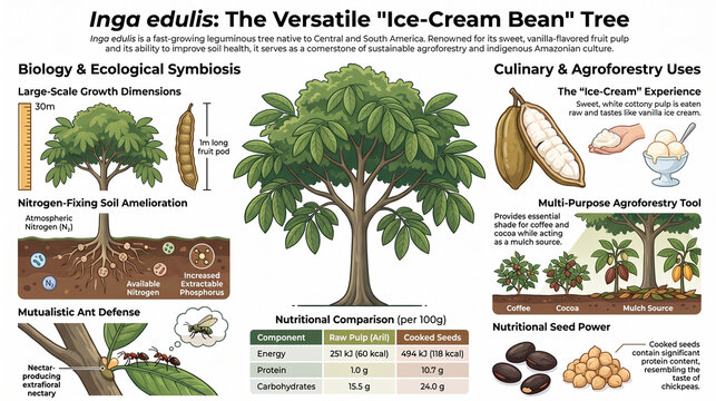 Educational infographic exploring Inga edulis, the ice-cream bean tree, its botany, ecology, cultivation, edible pods and agricultural value.