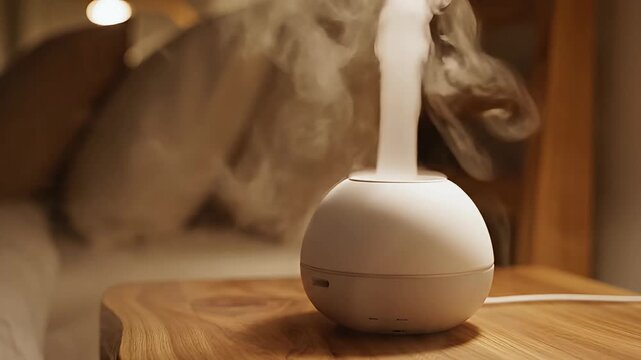 Aroma diffuser emitting steam in living room.