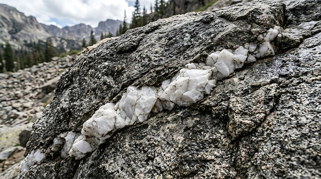 Natural White Quartz Vein Embedded Within Rugged Granite Bedrock Formation in a Mountainous Alpine Wilderness Scene