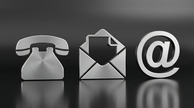 Silver metal contact us icons showing telephone envelope and email at symbol on black background