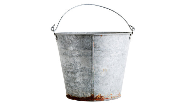 Rustic galvanized metal bucket with wire handle, isolated on transparent background