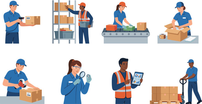 Warehouse Worker and Logistics Staff Collection with Packaging Inventory Shipping and Quality Control