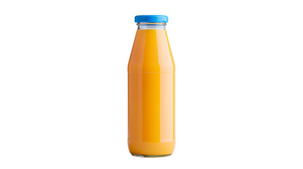 Clear glass bottle filled with bright orange juice sealed with a blue cap, isolated on transparent background © AnaMaria