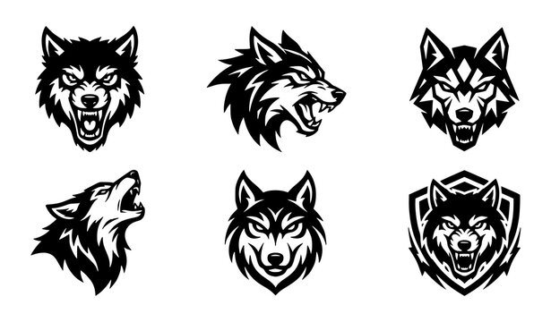 Black Angry Wolf Logo Vector Collection with Fierce Wolf Head Mascot Silhouettes
