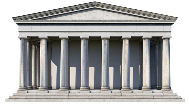 Ancient Greek temple facade with Doric columns and pediment, isolated on transparent background