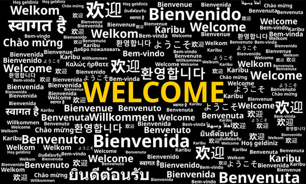 Multilingual Welcome Word Cloud in Various Languages. Creative Black Backdrop Worldwide Hospitality Word Cloud Graphic Asset. 