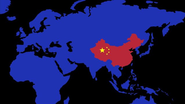 4K resolution blue world map animation on black background highlighting China's territory in red with national flag stars. Ideal for global trade, geopolitics, and international business.