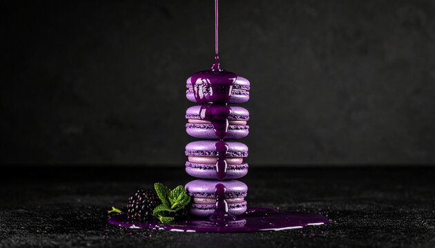 Elegant tower of purple macarons stacked artistically, glossy violet berry sauce being poured slowly from above, dramatic slow motion splash moment, luxury patisserie style