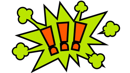 Bright green comic explosion with three orange exclamation marks, isolated on transparent background © AnaMaria