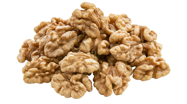Pile of shelled walnuts showing intricate brain-like shapes, isolated on transparent background