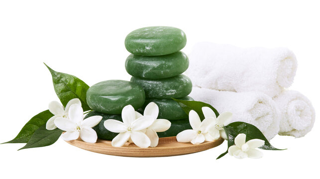 Stack of smooth green jade stones with white jasmine flowers and rolled towels, isolated on transparent background