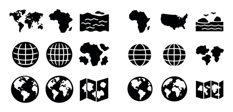 Geography and world map icon set with continent shapes country borders and ocean areas for presentation design in filled glyph style