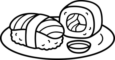 Simple Sushi Drawing: Nigiri and Maki Roll on Plate with Soy Sauce © Eca