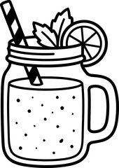 Hand-drawn mason jar with refreshing beverage, lemon slice, mint leaves, and striped straw. © Eca
