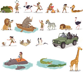 Obraz premium Cartoon-style illustration depicting a bustling African safari scene filled with humorous and chaotic situations. A safari adventure. 