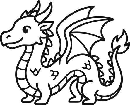 Cute cartoon dragon illustration, simple line art, mythical creature for kids, fantasy character