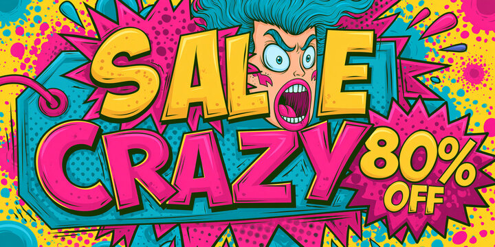 Sale tag vector illustration with surprised character and explosive background elements discount offer promotion markdown