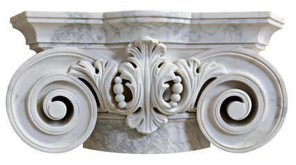 Naklejka premium Ornate white marble Ionic column capital with volutes and acanthus leaves, isolated on transparent background