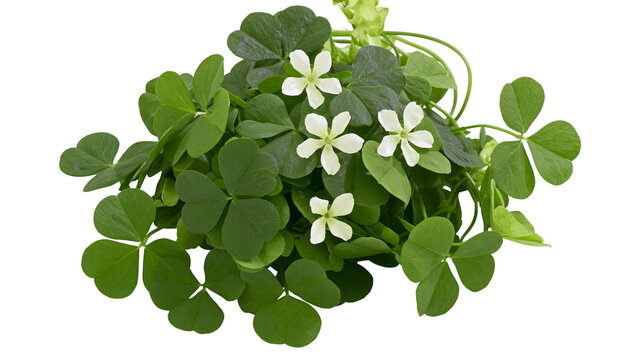 Green clover leaves with delicate white flowers, isolated on transparent background