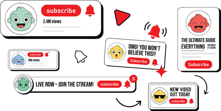 YouTube Channel Subscription Notification Bell Button Subscribe Live Stream New Video Alert Social Media Creator Flat Vector Illustration