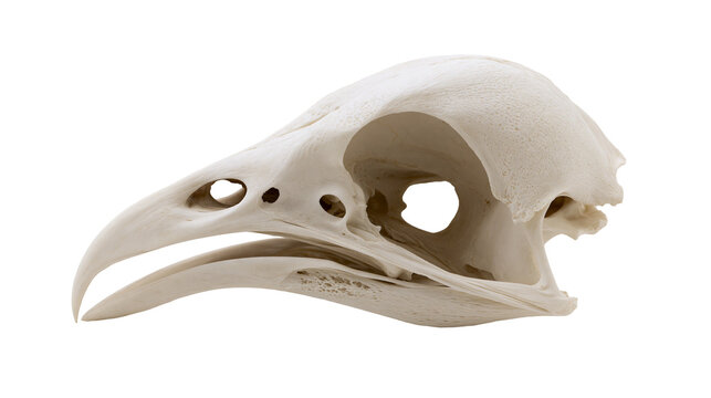 Detailed bird skull with sharp beak and eye sockets, isolated on transparent background