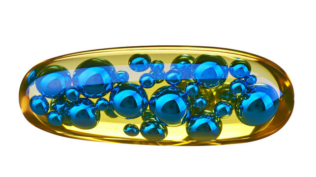 Yellow gelatin capsule containing numerous blue metallic spheres, isolated on transparent background