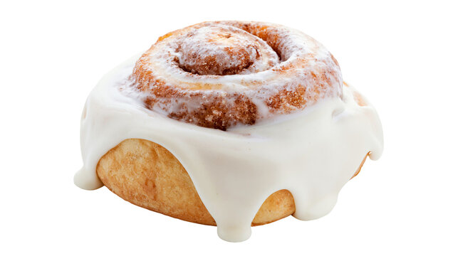 Sweet cinnamon roll with thick cream cheese frosting, isolated on transparent background