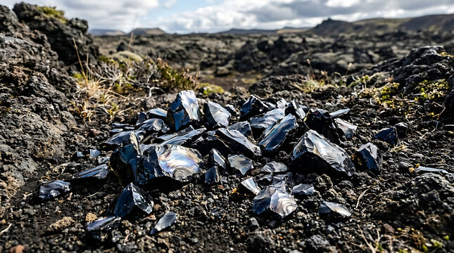 Shards of Shiny Black Volcanic Obsidian Rock Found in a Rugged Lava Field Landscape