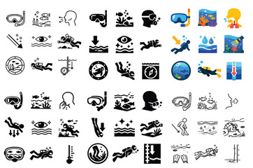 Fototapeta premium Diving and underwater exploration vector icons with mask, fish and coral for mobile app design in flat style