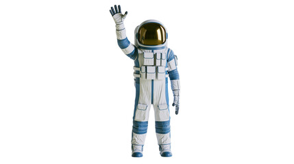 Astronaut in white and blue suit with golden helmet waving, isolated on transparent background © AnaMaria