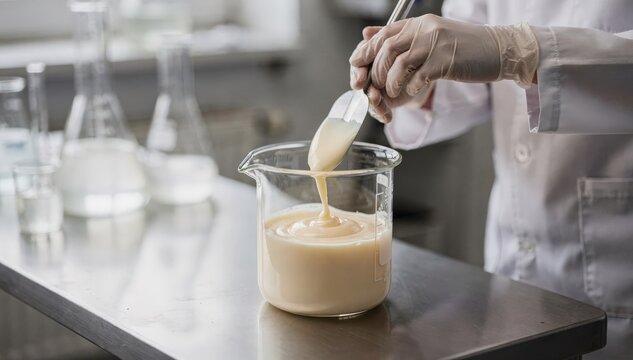 Medium shot of a technician carefully blending waxbased leather treatment chemicals in a lab focusing on the creamy consistency and smooth texture for tannery conditioners.