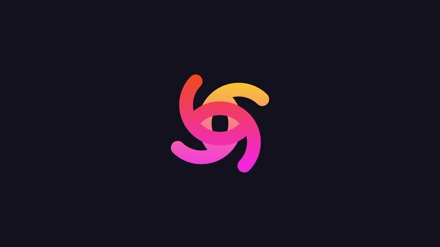 Colorful pink and orange gradient pinwheel swirl loop icon glowing brightly against a plain dark background for creative branding design projects work