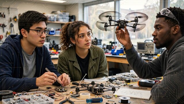 Diverse team of young engineers building and testing a quadcopter drone in a robotics laboratory surrounded by electronic components and circuit overlays