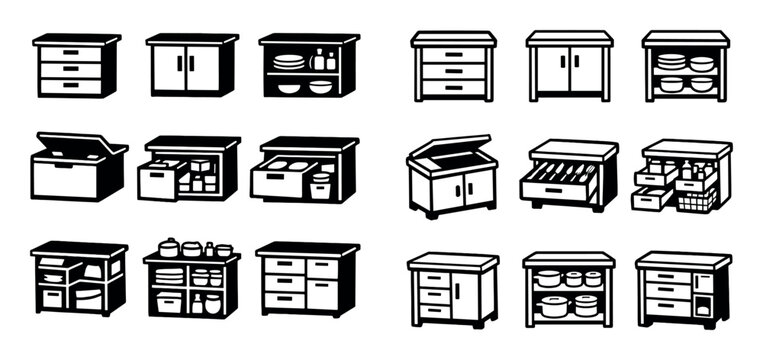 Kitchen storage and organization icon set with drawers cabinet doors and shelves for web design in doodle style