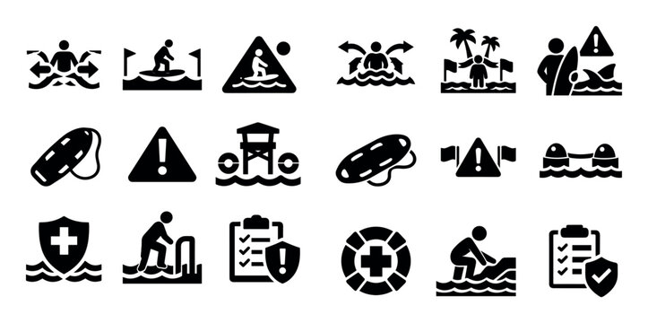 Rip current and safe zone icon set with surf awareness rescue float and caution signal for safety design in solid vector art