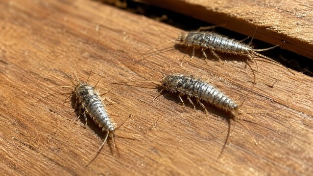 Silverfish insects crawling on wooden surface showing household pest infestation and damage risk
