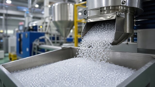 Plastic resin pellets flowing from industrial manufacturing machine in modern production facility